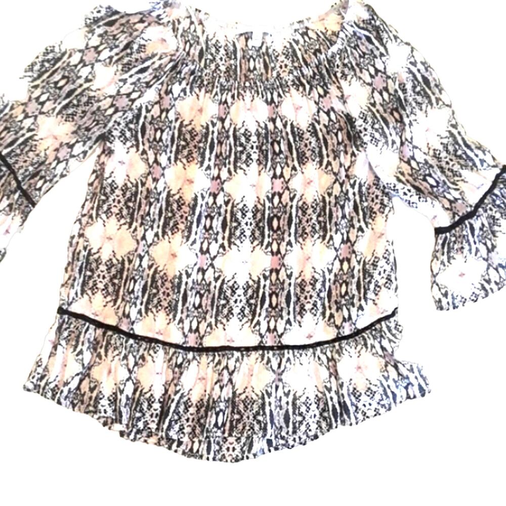 Women Sz S Snakeskin Print Fairy BOHO Bell Sleeves Ruffle Off Shoulder Top Fever